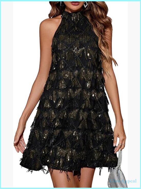 Dresses & Skirts - Sequin Sparkly Halter Mini Dress Sleeveless Keyhole Back Party Clubwear